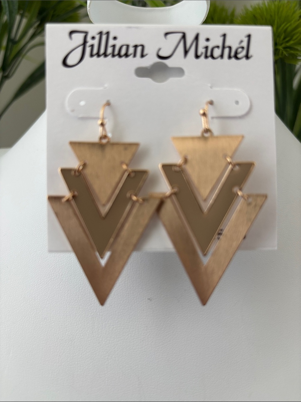 Jillian Michel Metal Goldtone V & taupe enameled middle V,triangle drop fishhook